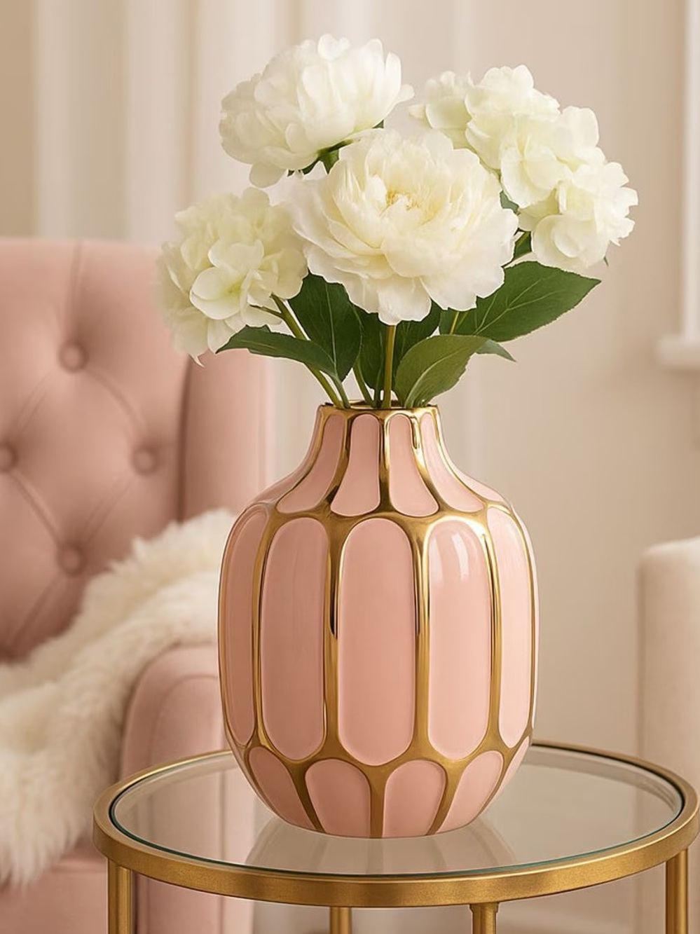 8 in. Pink/Gold Ceramic Bud Modern Decorative Vase